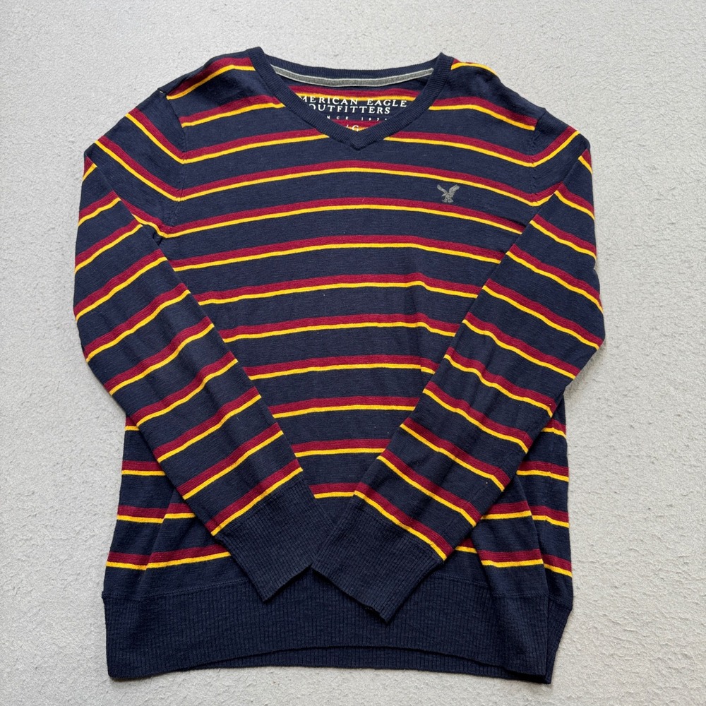 American Eagle Sweater Men's Large Multicolor Striped V-Neck Long Sleeve Preppy